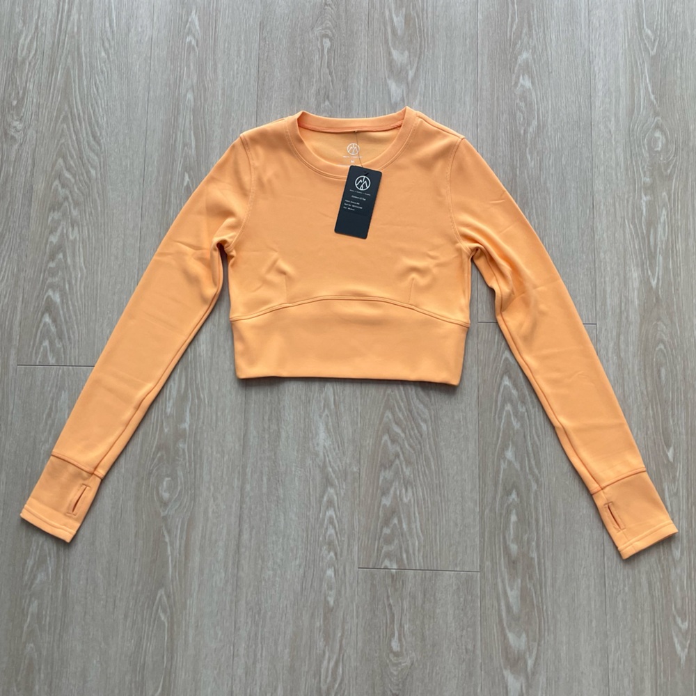 Move Theology Activewear Workout Ribbed Cropped Long Sleeve Top Peach Orange